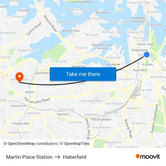 Martin Place Station to Haberfield map
