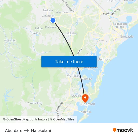 Aberdare to Halekulani map