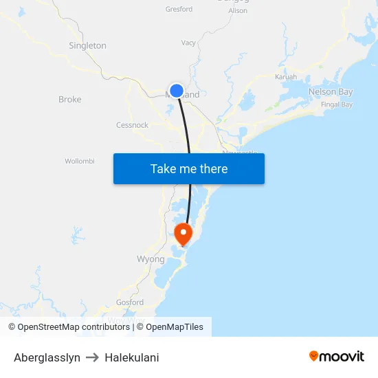 Aberglasslyn to Halekulani map