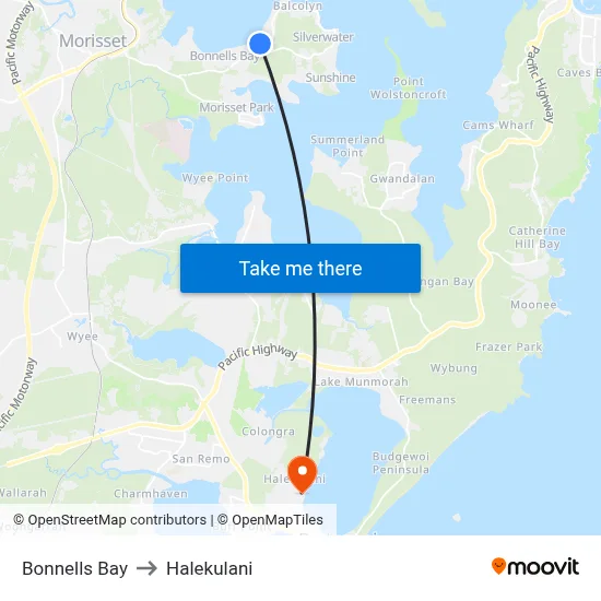 Bonnells Bay to Halekulani map