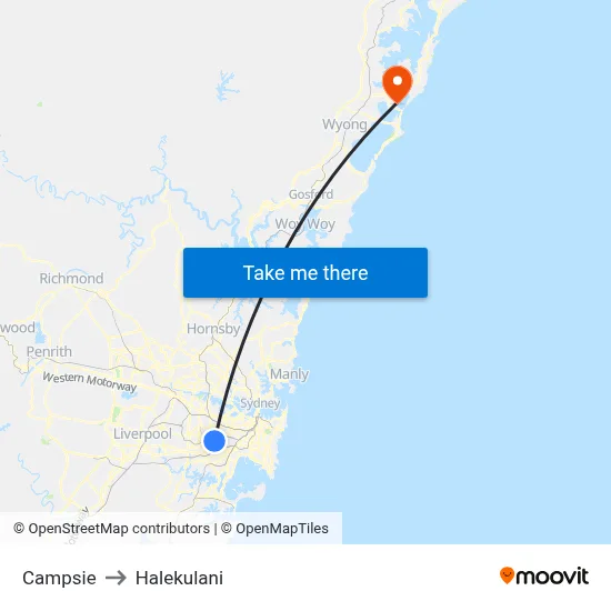 Campsie to Halekulani map