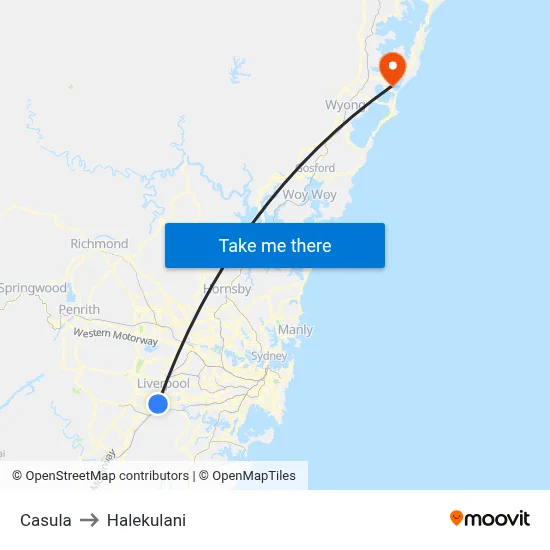 Casula to Halekulani map