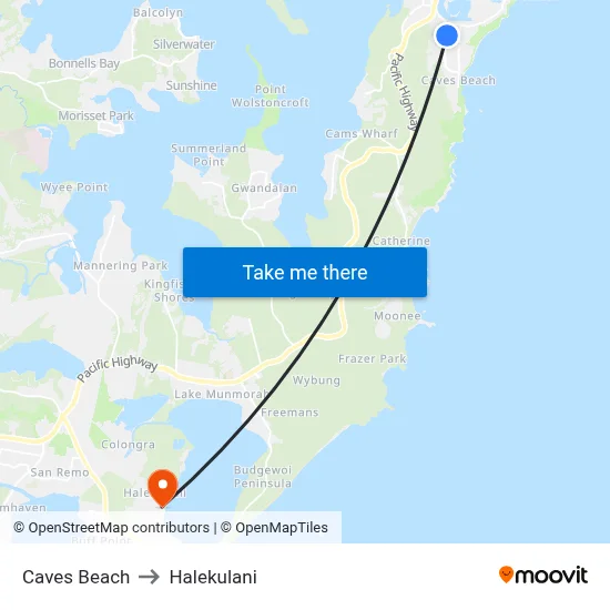 Caves Beach to Halekulani map