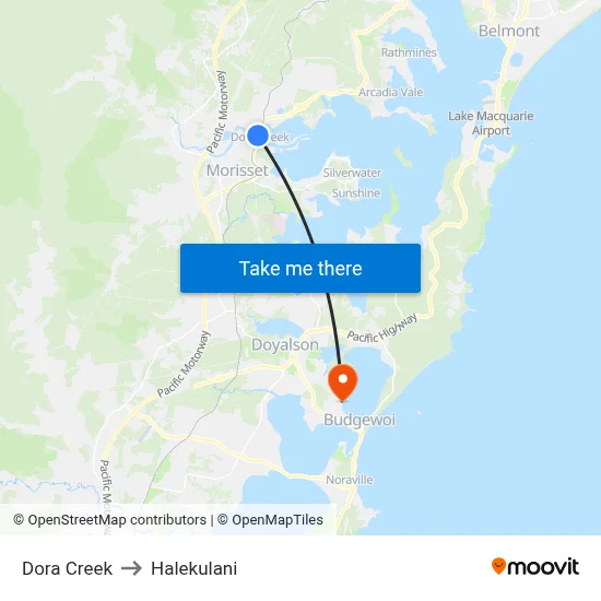 Dora Creek to Halekulani map