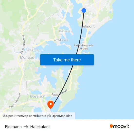Eleebana to Halekulani map