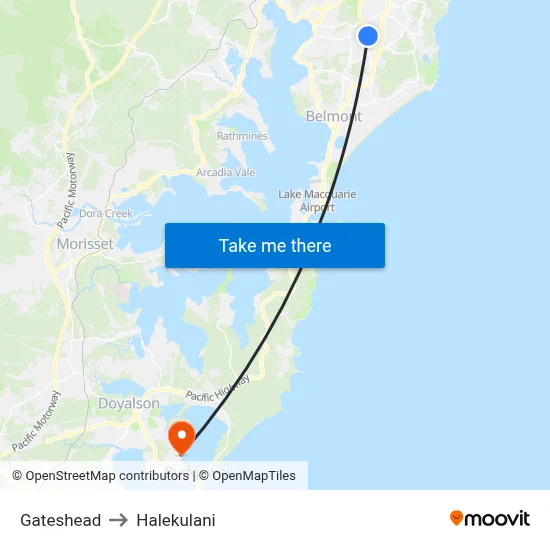 Gateshead to Halekulani map