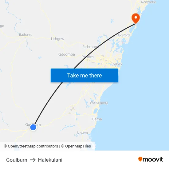 Goulburn to Halekulani map