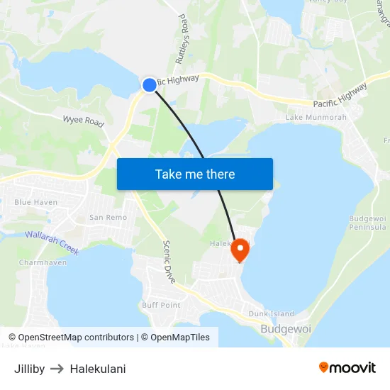 Jilliby to Halekulani map