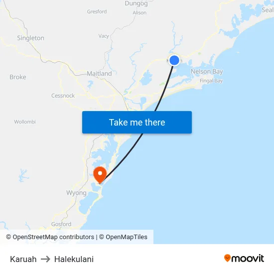 Karuah to Halekulani map