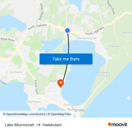 Lake Munmorah to Halekulani map
