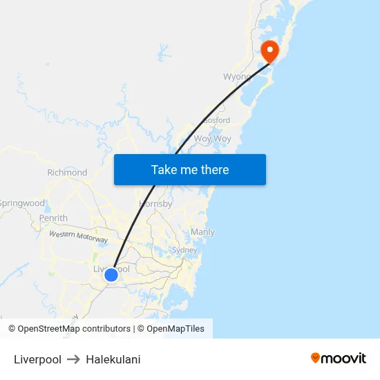 Liverpool to Halekulani map