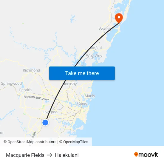 Macquarie Fields to Halekulani map
