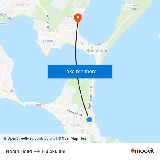 Norah Head to Halekulani map