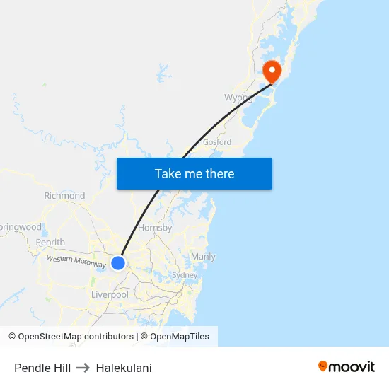 Pendle Hill to Halekulani map