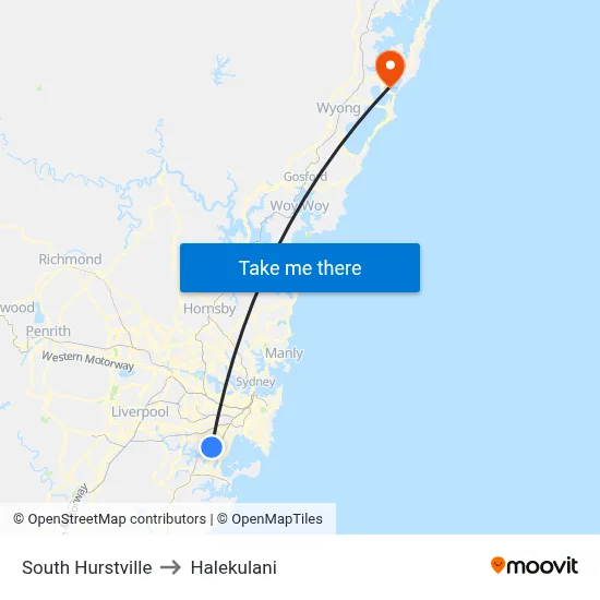 South Hurstville to Halekulani map