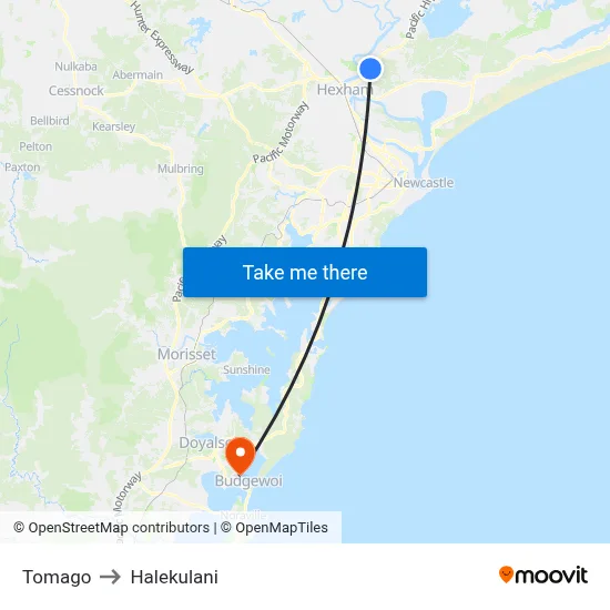Tomago to Halekulani map