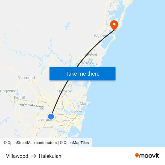 Villawood to Halekulani map