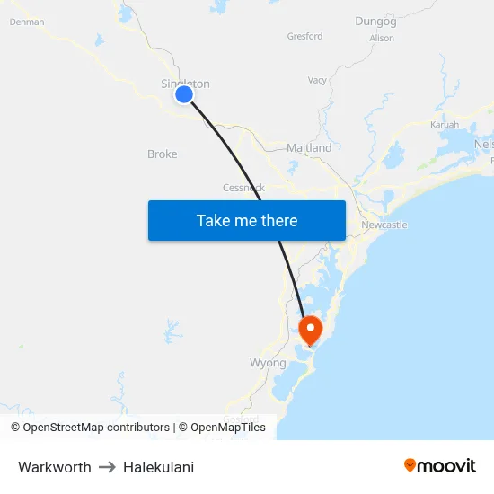 Warkworth to Halekulani map