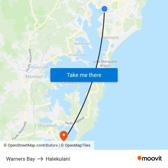 Warners Bay to Halekulani map