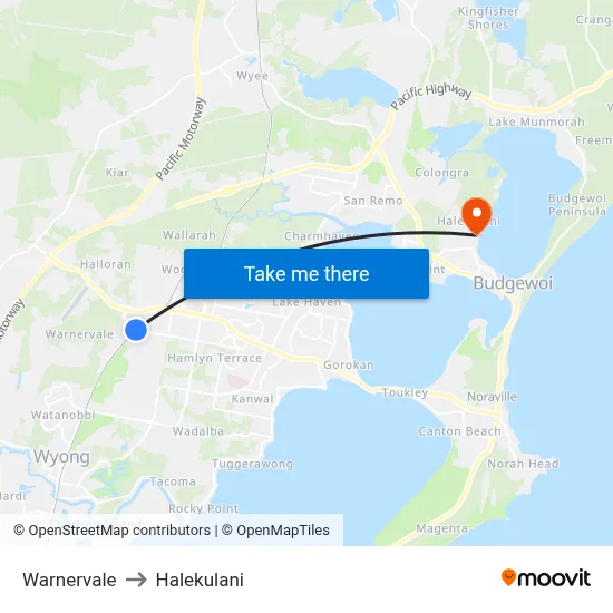 Warnervale to Halekulani map