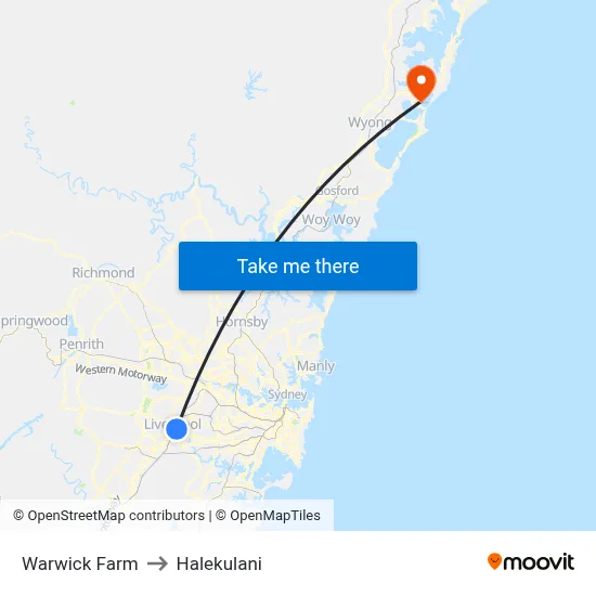 Warwick Farm to Halekulani map