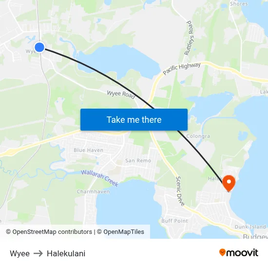 Wyee to Halekulani map