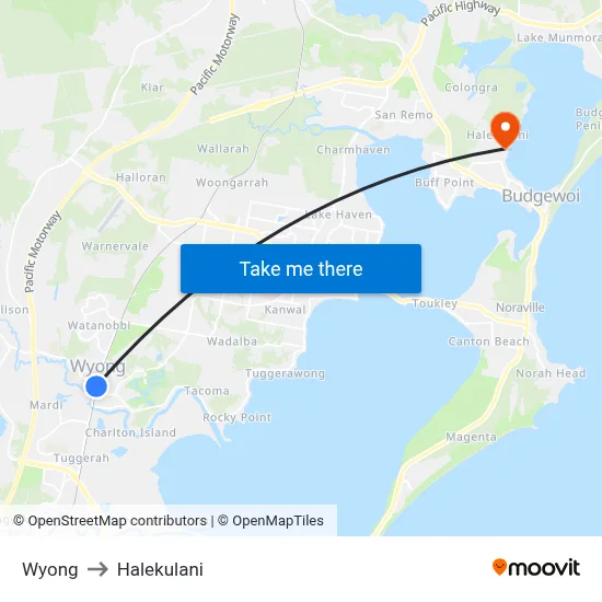Wyong to Halekulani map