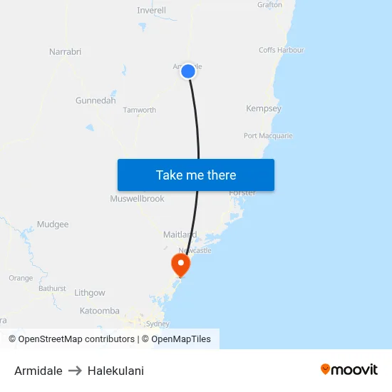Armidale to Halekulani map