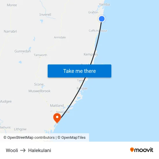 Wooli to Halekulani map