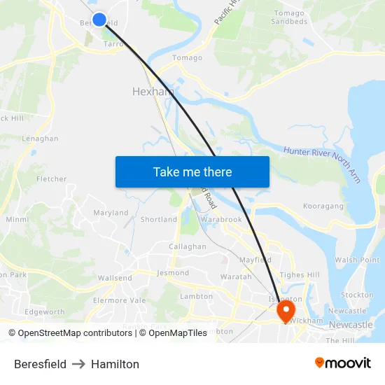 Beresfield to Hamilton map