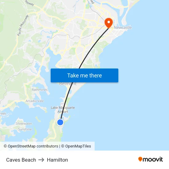 Caves Beach to Hamilton map