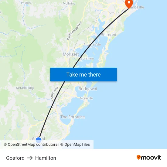 Gosford to Hamilton map
