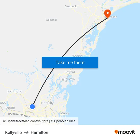 Kellyville to Hamilton map