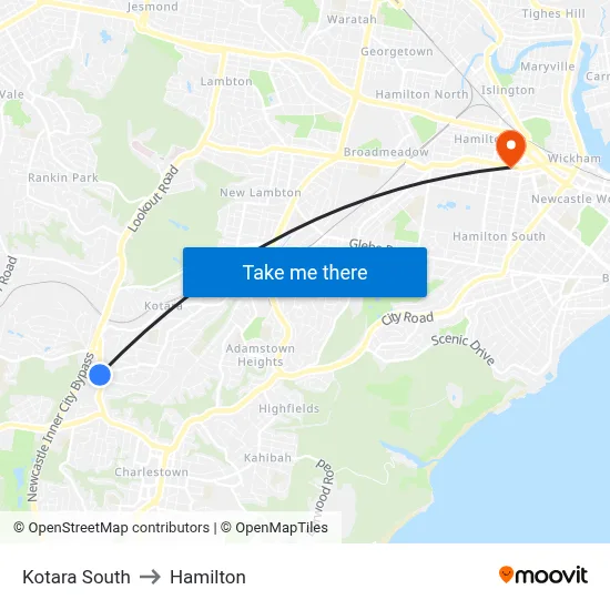 Kotara South to Hamilton map