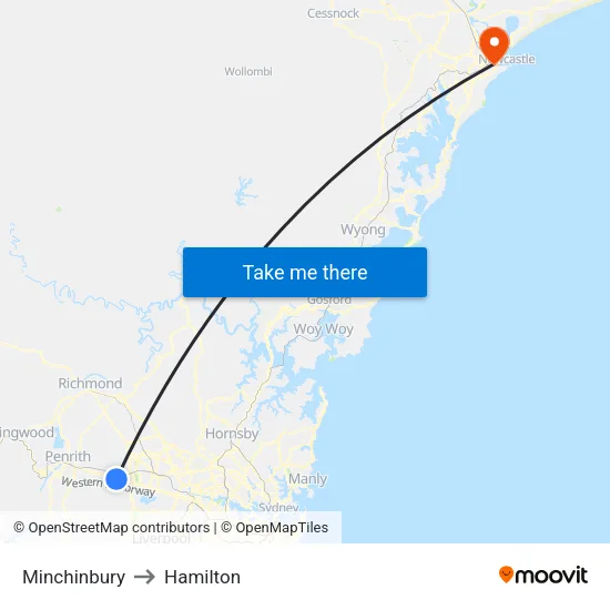 Minchinbury to Hamilton map