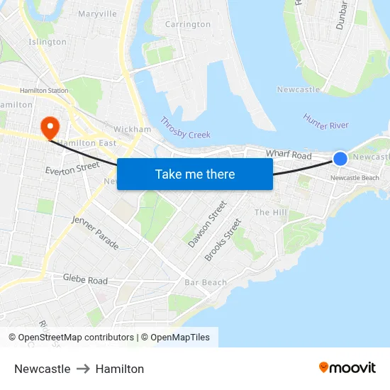 Newcastle to Hamilton map