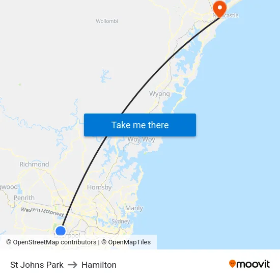 St Johns Park to Hamilton map