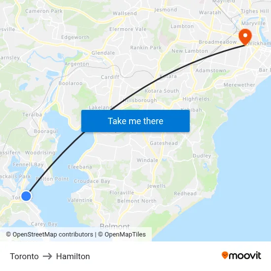 Toronto to Hamilton map