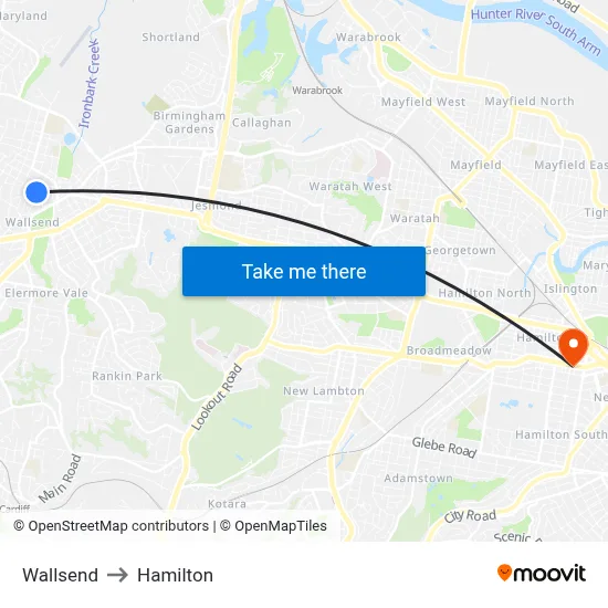 Wallsend to Hamilton map