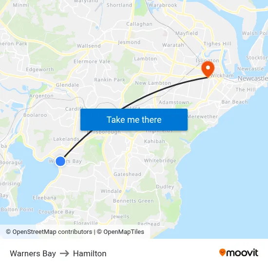 Warners Bay to Hamilton map