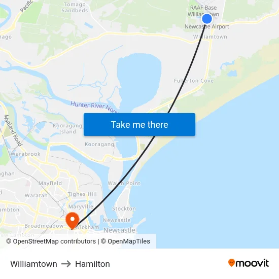 Williamtown to Hamilton map