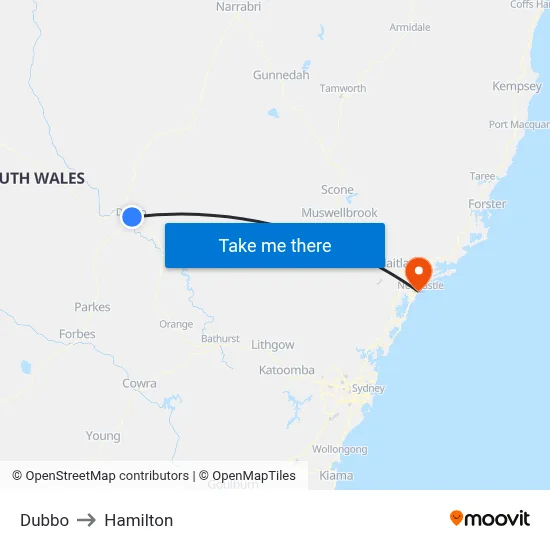 Dubbo to Hamilton map