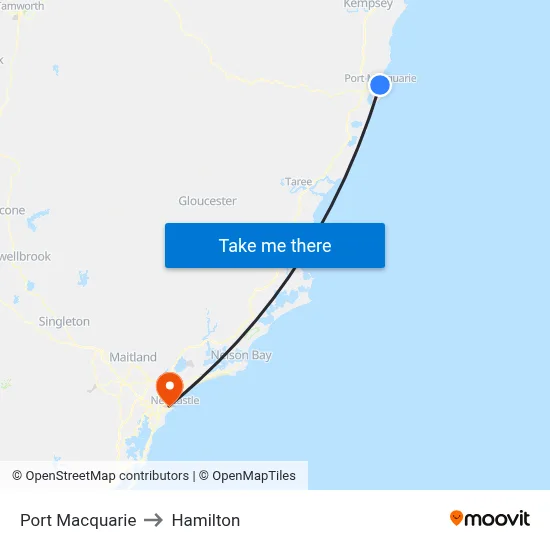 Port Macquarie to Hamilton map