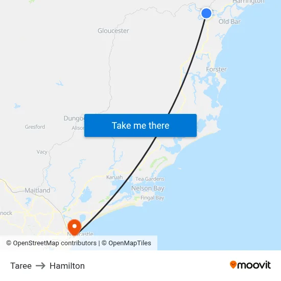 Taree to Hamilton map