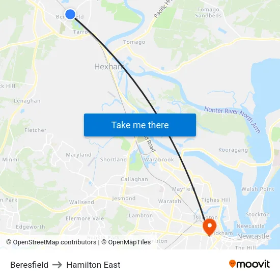Beresfield to Hamilton East map