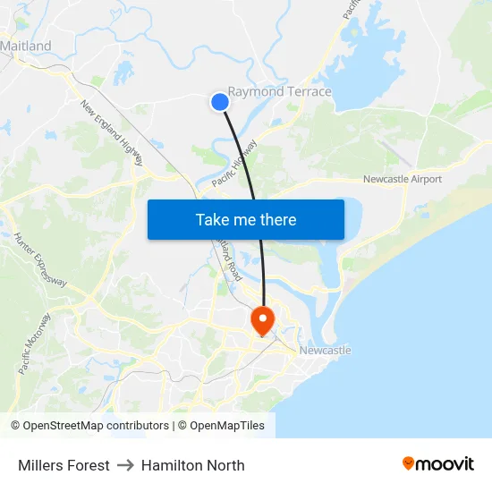 Millers Forest to Hamilton North map