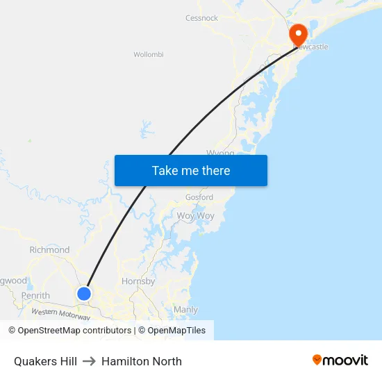 Quakers Hill to Hamilton North map