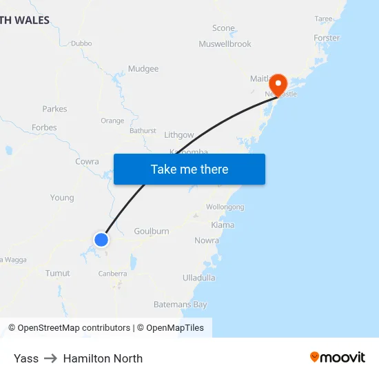 Yass to Hamilton North map