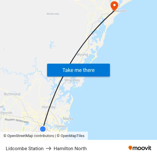 Lidcombe Station to Hamilton North map