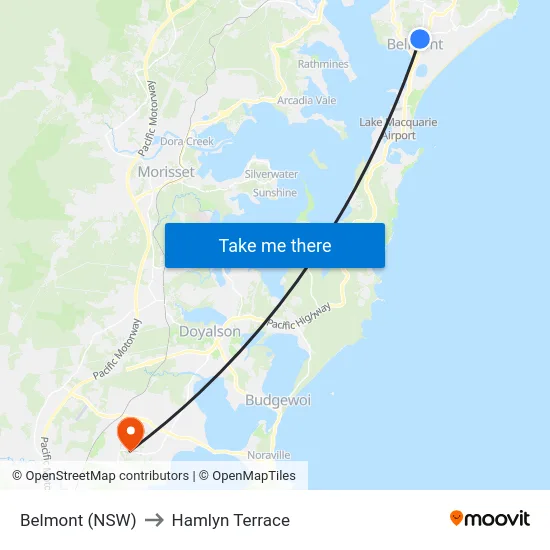 Belmont (NSW) to Hamlyn Terrace map